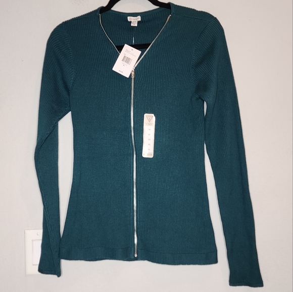 NWT GUESS Malina Green Ribbed Zip Front Long Sleeve Sweater Size XL - Picture 1 of 16